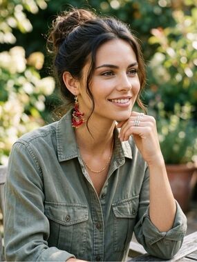 Red Floral Drop Earrings - Women Jewelry